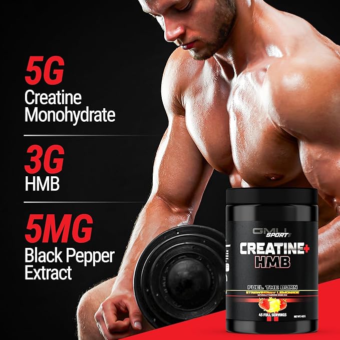 GMU SPORT Creatine HMB Powder – 45 Servings – 5g Creatine Monohydrate + 3g HMB + Piperine – Muscle Growth Strength &amp Recovery | Strawberry Lemonade Drink Mix for Men &amp Women
