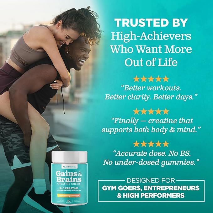 Creatine Chews - 5000mg Creatine Monohydrate Tablets for Men &amp Women with Ashwagandha KSM-66 - Low Sugar Muscle Support &amp Cognitive Boost - Gummy Alternative - 120 Count (Tropical Mango)