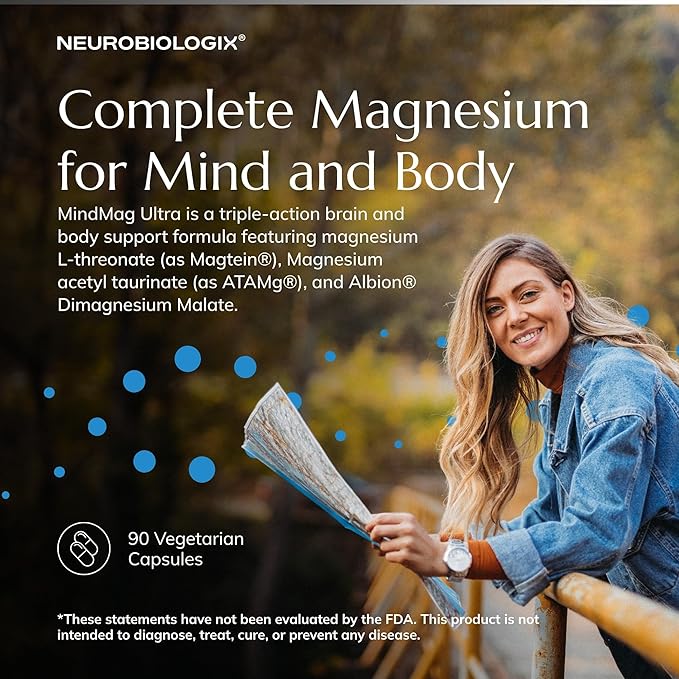Neurobiologix MindMag Ultra with Magnesium L-Threonate for Men &amp Women Triple Action Magnesium Complex for Memory Calm Relaxation &amp Cognitive Performance Gluten Free Vegetarian 120 Capsu