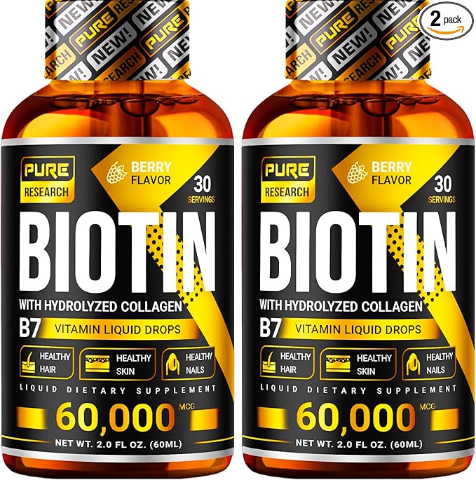 PURE RESEARCH Biotin &amp Collagen 60000mcg Hair Growth Liquid Drops Supports: Strong Nails Glowing Skin Healthy Hair Growth More Absorption Than Capsules &amp Pills (4Fl Oz)