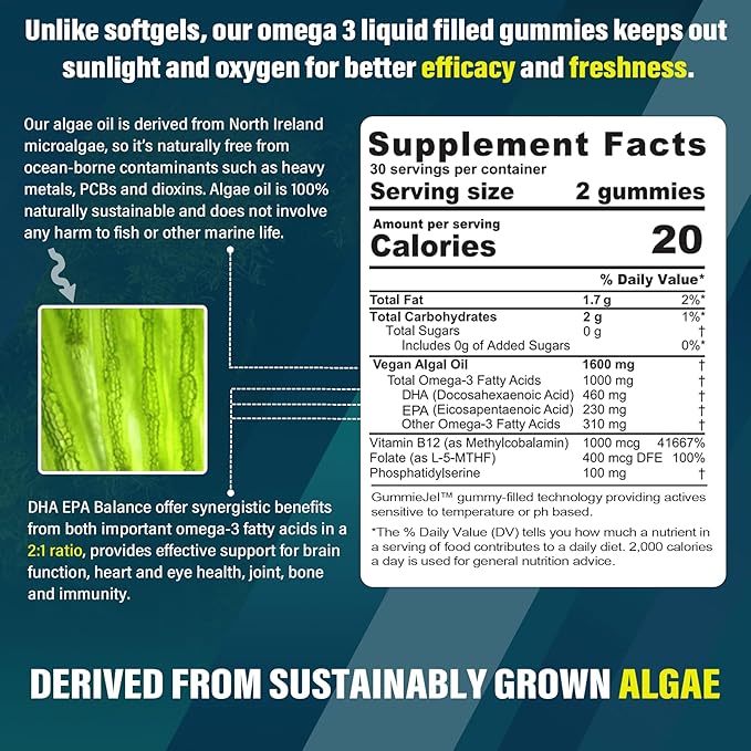Vegan Omega 3 Gummies 1000mg + Prebiotic Fiber Gummies for Adults 8g
