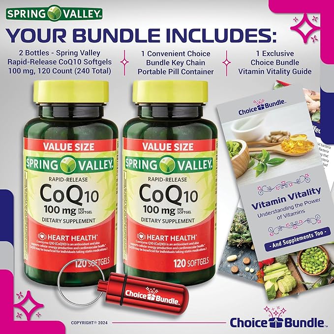 Choice Bundle Spring Valley Rapid-Release CoQ10 Coenzyme Q10 100 mg Softgels 120 CT 2 pk (240 Total) + Vitamin Guide &amp Pill Container (4 Items)!