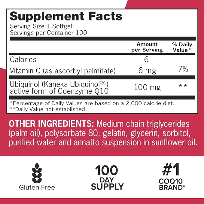 Qunol Mega Ubiquinol 100mg CoQ10 Superior Absorption Patented Water and Fat Soluble Natural Supplement Form of Coenzyme Q10 Antioxidant for Heart Health 100 Count Softgels
