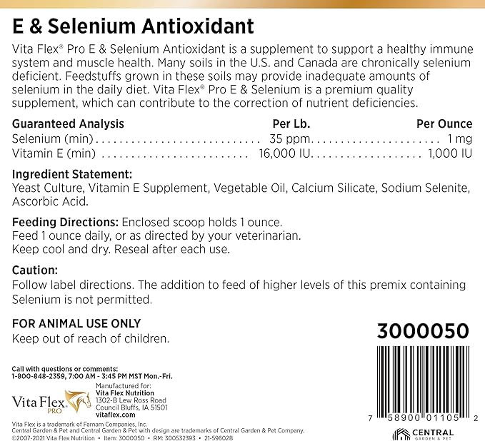 Vita Flex Pro E &amp Selenium Supplement Vitamin E and Selenium Powder for Horses Balanced Antioxidants Equine Vitamin E Supplement Horse Vitamins and Minerals 4 lb 64-Day Supply