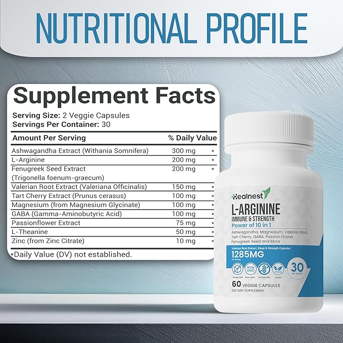 L-Arginine Capsules - 1285MG Blend of Ashwagandha L-Theanine Magnesium GABA Zinc &amp Tart Cherry - Non-GMO 60 Veggie Capsules for Men and Women