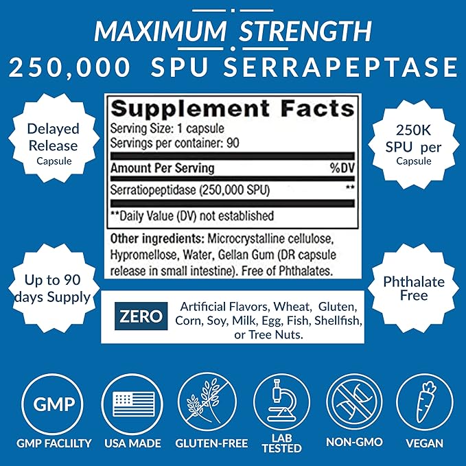 Serra-250k Serrapeptase 250000 SPU Per Capsule | 500000 SPU High Potency Enzyme | 90 Capsules | Delayed-Release Serrapeptase | Maximum Strength Vegan Non-GMO Systemic Enzyme for Recovery &amp Welln