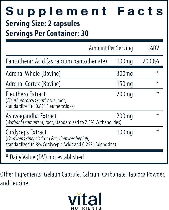 Vital Nutrients Adrenal Support - Adrenal Support Supplements for Gland Function and Cortisol Management - Supports Energy and Stress Levels - Gluten Dairy Soy Free - 60 Capsules