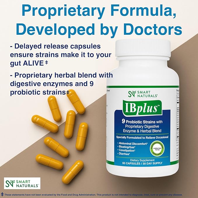 IBplus® Probiotic Digestive Enzyme &amp Herbal Blend Improved Formula-60 Capsules!! for Irritable Bowel - Abdominal Pain Constipation Diarrhea Gas/Bloating –Proprietary Formula by Smart Naturals