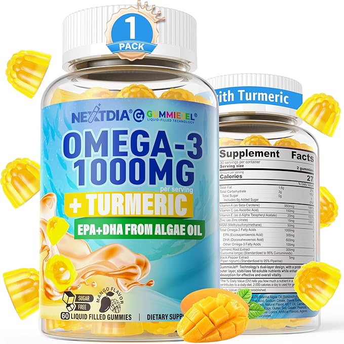 Vegan Omega-3 Gummies 1000mg + Turmeric - Omega 3 Fish Oil Alternative for Adults - Algae DHA 600mg &amp EPA 300mg Vitamins A C E Zinc &amp MSM Sugar Free 60 Cts