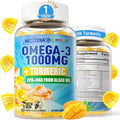 Vegan Omega-3 Gummies 1000mg + Turmeric - Omega 3 Fish Oil Alternative for Adults - Algae DHA 600mg &amp EPA 300mg Vitamins A C E Zinc &amp MSM Sugar Free 60 Cts
