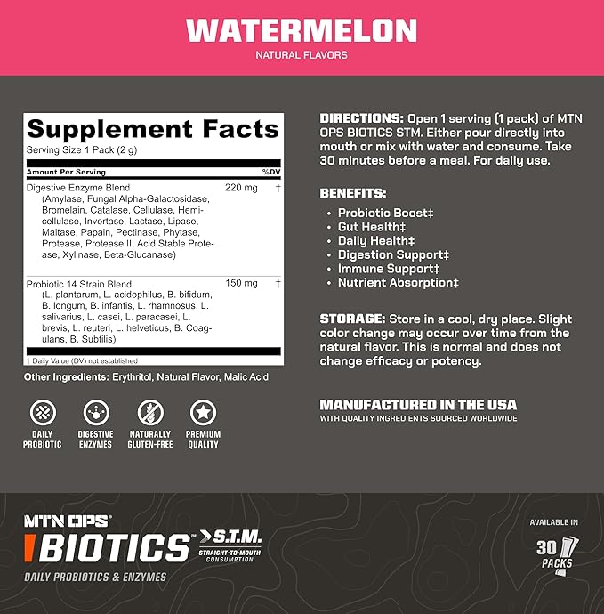 MTN OPS Biotics STM On‑the‑Go Probiotic Supplement for Gut Health Digestion &amp Immune Support – Sugar‑Free Natural Flavors Variety Pack 30 Servings – Fast Convenient Daily Gut Health Formula