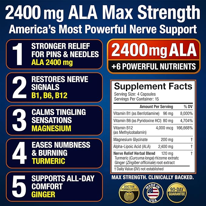 Neuropathy Support Supplement with 2400 mg Alpha Lipoic Acid to Reduce Nerve Discomfort in Feet Hands Toes – Max Strength 2400mg ALA Vitamins B12 B6 &amp B1 Magnesium Turmeric – 60 Capsules