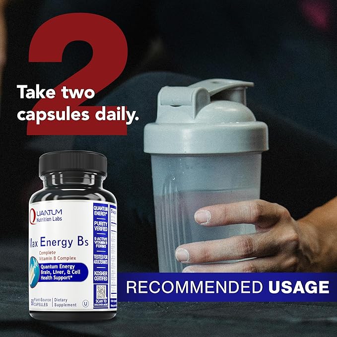 Quantum Nutrition Labs Max Energy Bs - Vitamin B Complex Methylated B Complex Vitamins with Vitamin B1 B6 B12 Thiamin Folate and Biotin - 60 Vegetarian Capsules