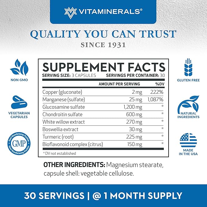 Vitaminerals® 128 Glucosamine Joint Support Glucosamine-Chondroitin Complex | Veggie Caps (180 Count)