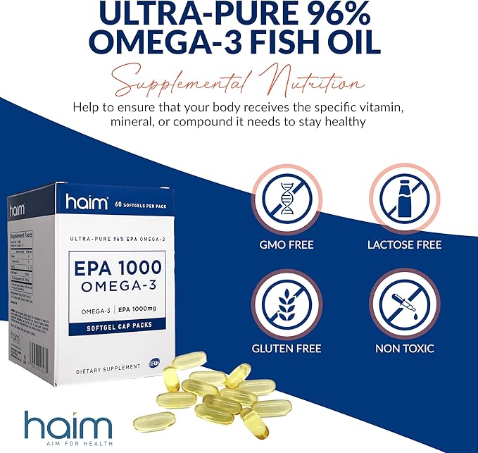 HAIM EPA1000 – High-Potency EPA Fish Oil Supplement – 1000mg Omega-3 for Heart Brain &amp Joint Health – Pure Burpless Capsules – 60 Softgels – Made in USA