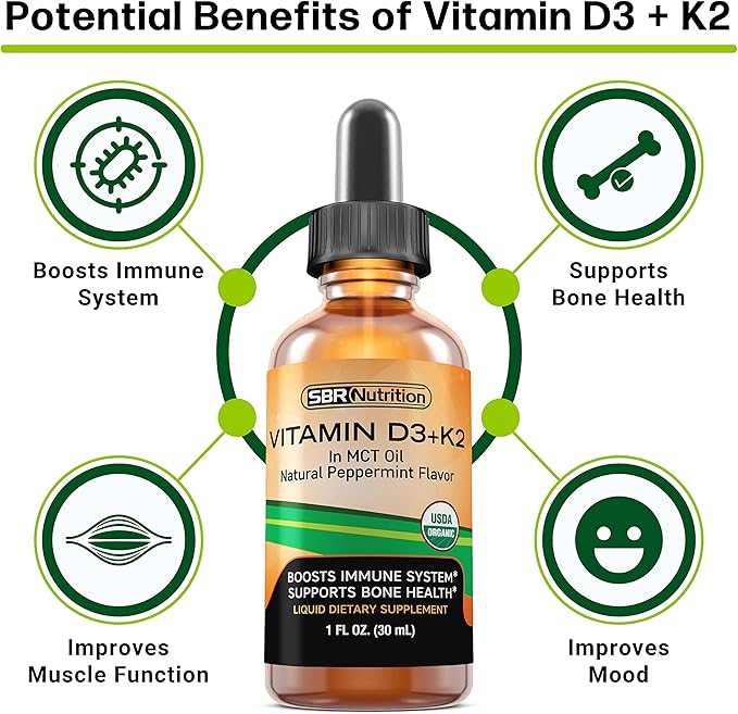 SBR Nutrition MAX Absorption Vitamin D3 + K2 (MK-7) Liquid Drops with MCT Oil Peppermint Flavor Helps Support Strong Bones and Healthy Heart
