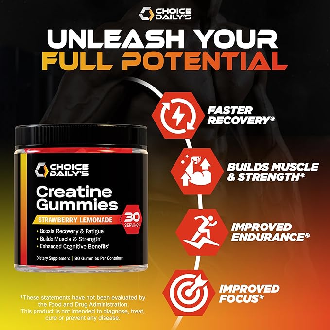 Creatine Gummies - 90 Vegan Friendly Chews - USA Made - Boosts Recovery - Builds Muscle - Enhanced Cognitive Benefits (Large Strawberry Lemonade)