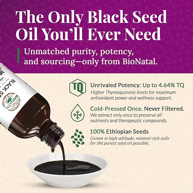 BioNatal Ethiopian Black Seed Oil 4.2oz Glass– Cold Pressed Nigella Sativa Producing Black Cumin Seed Oil Unrefined &amp Non-Filtered High TQ Up to 4.64% – Supports Immune System Digestion &amp J
