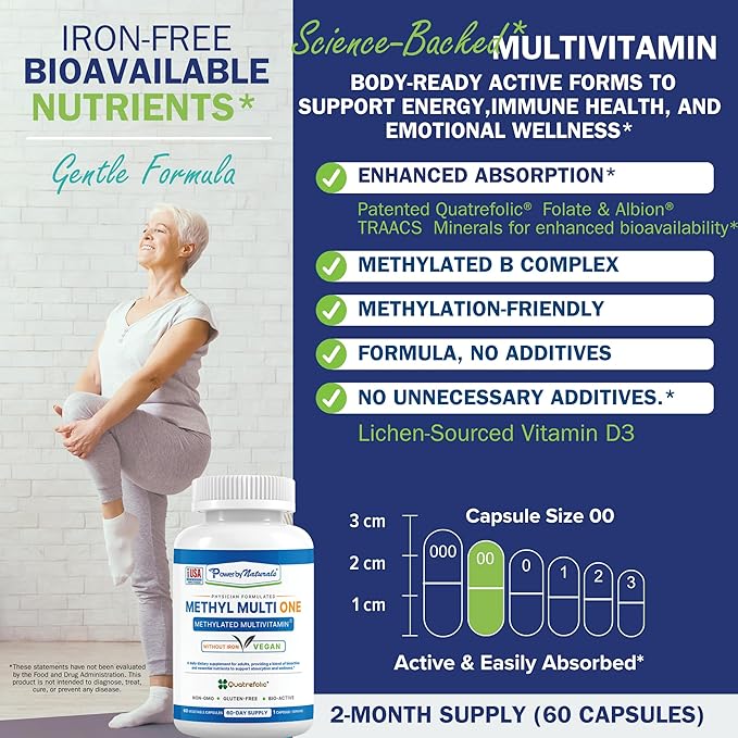 Power By Naturals Methyl Multi One – Iron-Free Methylated Multivitamin with 5-MTHF Methyl B12 &amp CoQ10 – Methylation Support for Men &amp Women – Vegan Non-GMO – 60 Capsules (2-Month Supply)