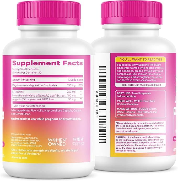 Pink Stork Magnesium Glycinate L-Theanine Lemon Balm - Melatonin-Free Magnesium for Sleep Support - Natural Calm and Relaxation - 90 Capsules