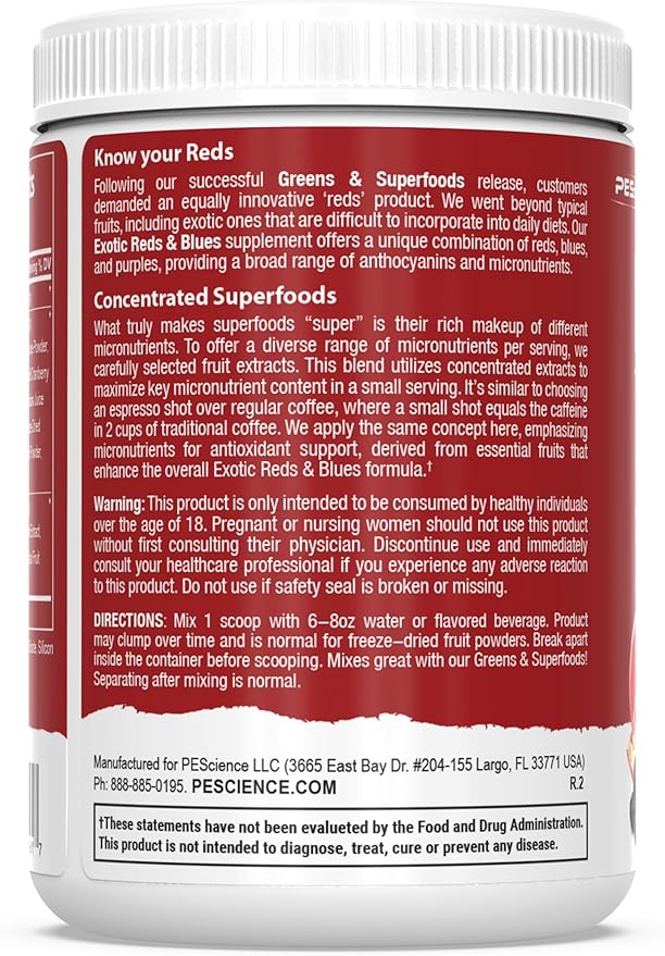 PEScience Exotic Reds &amp Blues Red Superfoods Powder with Myo-Inositol Beet Root Powder Pomegranate and Acai Extract Freeze-Dried Antioxidant Fruit Blend 30 Servings
