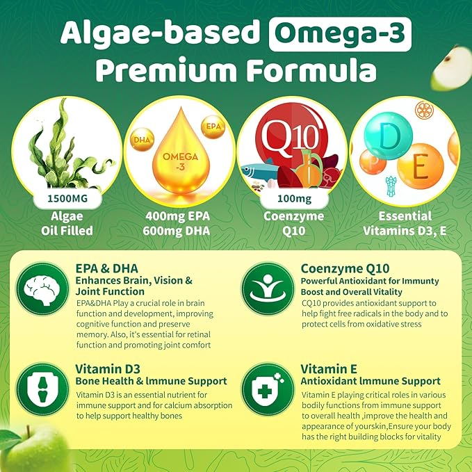 Omega 3 Fatty Acid Supplements for WomanVegen Omega-3 Supplement Gummies 1500Mg from Algae 0il(DHA 600mg &amp EPA 300mg) Turmeric Gummy for Adults Vitamins D3 E Zinc &amp MSM Sugar Free
