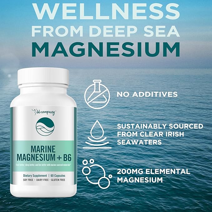 Ocean Magnesium 200mg Aquamin | More Soluble Than Magnesium Glycinate | Whole Food Mag B6 Supplement for Women | Gentle on Stomach &amp Vegan | Sleep Support Calms Nerves &amp Leg Cramps | 60 Ct