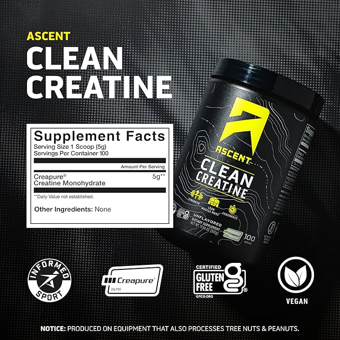 Ascent Clean Creatine Monohydrate Powder - 5G Per Serving Creapure Creatine Supplement - Unflavored 100 Servings