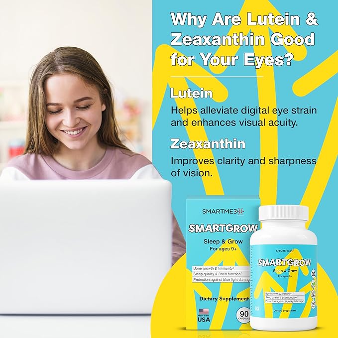SmartGrow Premium Growth Formula for Teens – Bone Brain Sleep &amp Eye Support – Calcium Vitamin D3 Amino Acids – Daily Wellness Supplement (180 Capsules) – 3 Month Supply