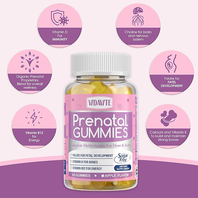 Sugar Free Prenatal Gummies — 30+ Nutrients (Choline Folate Iron Vitamin) for Fetal and Neural Support Bones Energy &amp Immunity — USA-Made Vegan Prenatal Vitamins for Women (60 Gummies)