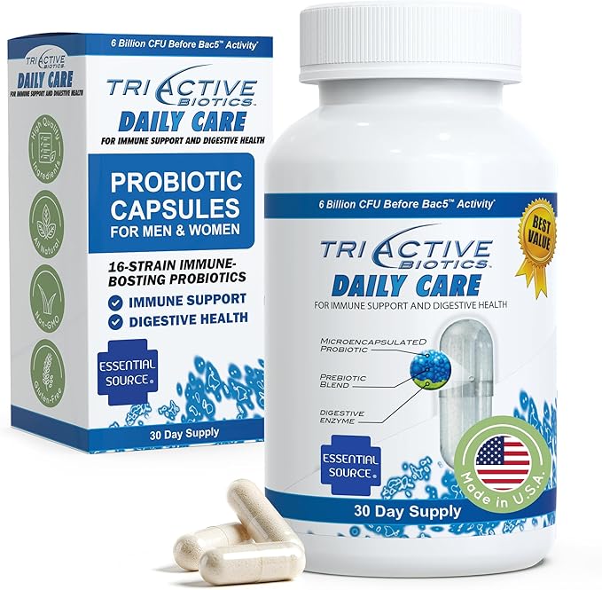 Essential Source TriActive Biotics Daily Care – Probiotics for Women and Men 6 Billion CFU with Prebiotic Blend – Daily Digestive and Immune Support Gut Health Supplement – 30 Capsules
