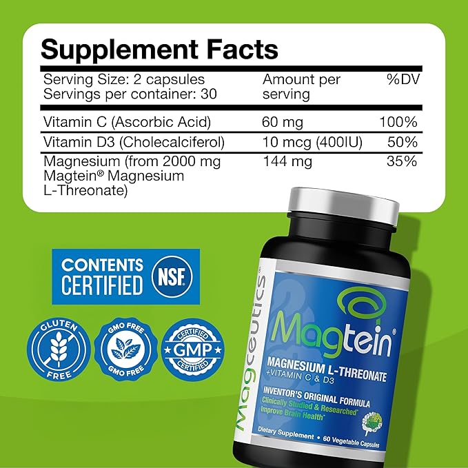 Magtein - Magnesium L-Threonate Supplement Memory Focus Sleep &amp Brain Health Formula for Men &amp Women Cognitive Support for Adults Clinically Researched - 60 Veg Capsules