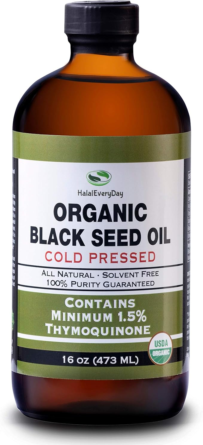 HalalEveryDay Organic Black Seed Oil - USDA Certified Cold Pressed Glass Bottle Over 1.5% 3X Thymoquinone Turkish Black Cumin Nigella Sativa Non-GMO 100% Pure Blackseed Oil (16oz Glass)