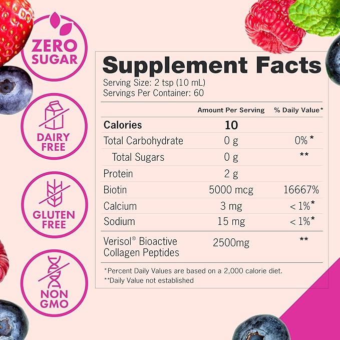 Zena Nutrition Liquid Collagen Peptides and Biotin Mixed Berry 20.3 Fl Oz + Pure Colostrum Powder 2000mg Supplement Supports Immune and Digestive Health