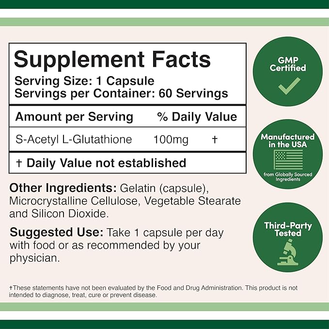 S-Acetyl L-Glutathione Capsules - 100mg 60 Count (Acetylated Glutathione Antioxidant - More Absorbable Than Glutathione and Liposomal Glutathione Non-GMO and Gluten Free) by Double Wood (Pack of 2)