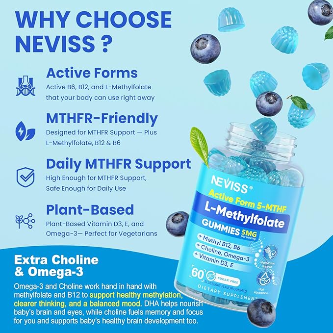 L Methylfolate Gummies &amp Methyl B12 Active 5-Mthf Methylated Folate 5mg Supplement for Women Men w/Methyl B ComplexCholineMagesiumOmega-3Methyl Folate for MethylationFocusMoodSugar Free2P
