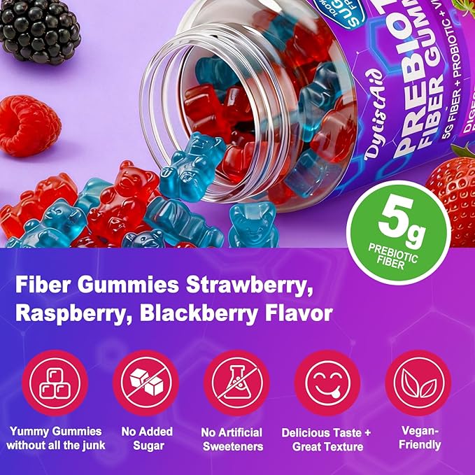 Prebiotic Fiber Gummies 5g Fiber per Serving 2 Billion CFU Bacillus Coagulans + Vitamin D3 Sugar Free Pectin Mixed Berry Gummies Inulin (FOS) + Acacia + Apple Pectin 120 Gummies (60 Servings)