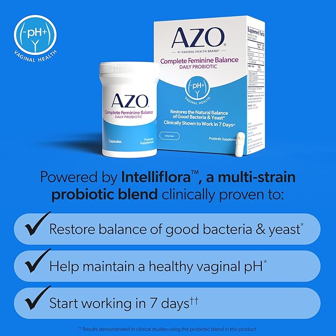 AZO Complete Feminine Balance Daily Vaginal Probiotics for Women Clinically Proven to Help Protect Vaginal Health Helps balance pH and yeast 60 Count