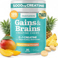 Creatine Chews - 5000mg Creatine Monohydrate Tablets for Men &amp Women with Ashwagandha KSM-66 - Low Sugar Muscle Support &amp Cognitive Boost - Gummy Alternative - 120 Count (Tropical Mango)
