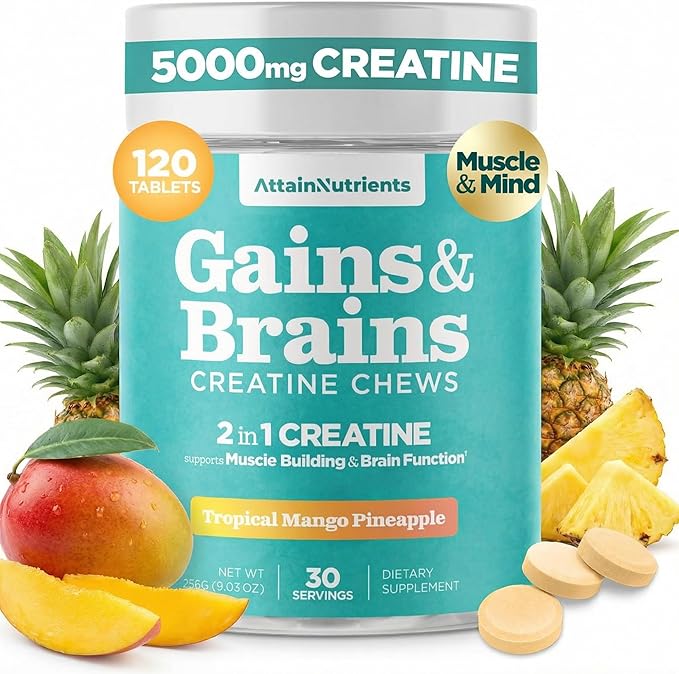 Creatine Chews - 5000mg Creatine Monohydrate Tablets for Men &amp Women with Ashwagandha KSM-66 - Low Sugar Muscle Support &amp Cognitive Boost - Gummy Alternative - 120 Count (Tropical Mango)