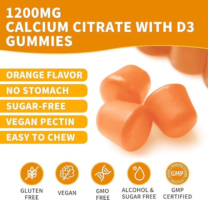 (3 Pack) Calcium Citrate 1200 mg Gummies with Vitamin D3 High Absorption Calcium Supplements for Women &amp Men Sugar Free Non-GMO Gluten Free Supports Muscle &amp Immune - Orange Flavor