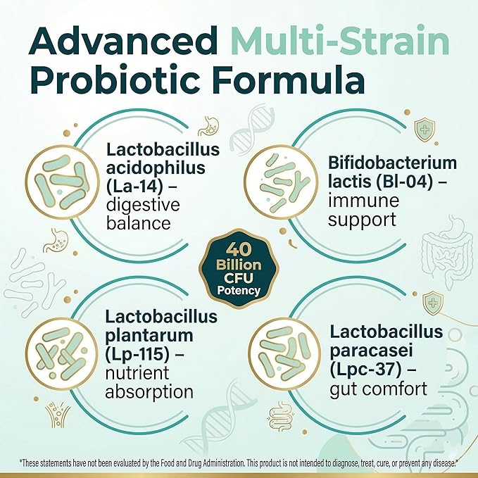 Probiotic Supplement 40 Billion CFU 60 Capsules Gut Health &amp Immune Support Shelf Stable