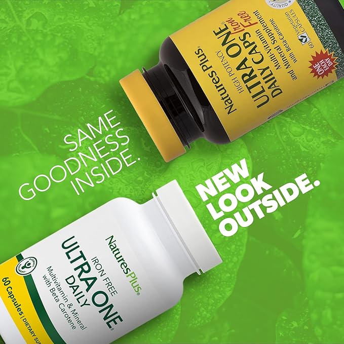 NaturesPlus Ultra One Daily Iron Free - 60 Fast-Acting Capsules - Multivitamin &amp Mineral with Beta Carotene - Vegan Gluten Free - 60 Servings