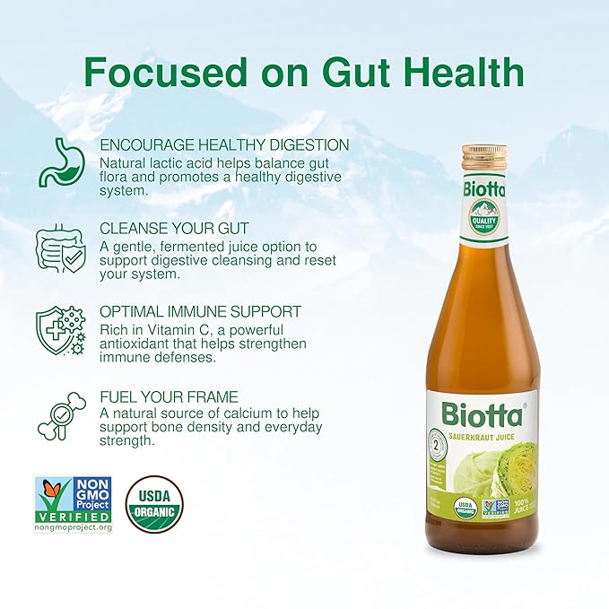 Biotta Organic Sauerkraut Juice - 100% Vegetable Juice for Energy Immunity &amp Wellness - Excellent Source of Nutrients - All Natural Non-GMO Gluten-Free (16.9 Fl Oz Pack of 6)