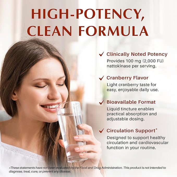 Nattokinase Liquid 2000 FU Supplement — High-Potency Circulation &amp Cardiovascular Support Cranberry Flavor Enhanced Bioavailability Drops — 4 fl oz