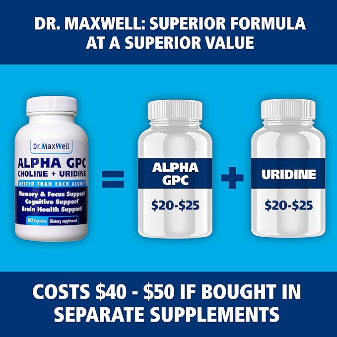 Alpha GPC 600mg + Uridine a Choline Enhancer. Better Than Alpha-GPC or Uridine Alone. Best Choline Source: 2in1 Soy Free No Fillers 60 Pills Acetylcholine Precursor