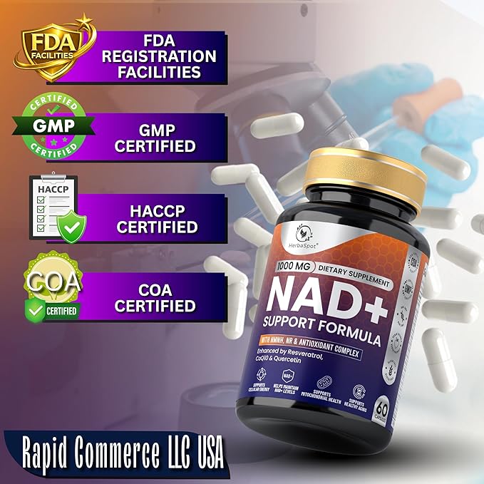 NAD+ Supplement 1000mg for Men &amp Women with NMNH NR Resveratrol &amp CoQ10 | Supports Healthy Aging Cellular Health &amp Wellness | Vitamin B &amp Antioxidant Support | 60 Capsules