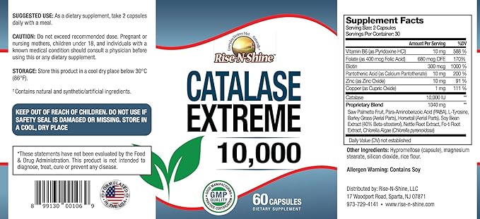 Rise-N-Shine Catalase Extreme Supplement 10000 with Saw Palmetto Biotin Fo-Ti PABA - Hair Supplements for Strong Hair - 60 Capsules