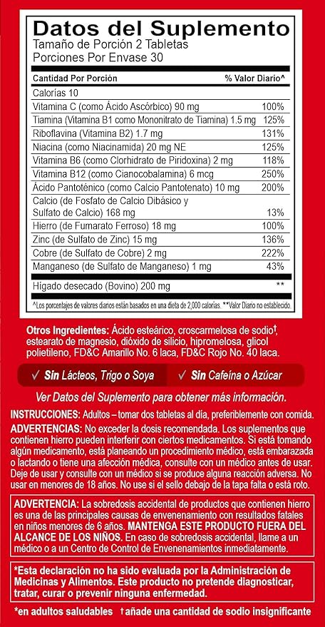 Globulo Rojo Iron Supplement - Dietary Supplement Pills with High Potency Iron &amp B Vitamins 60 Tablets - 6 Pack