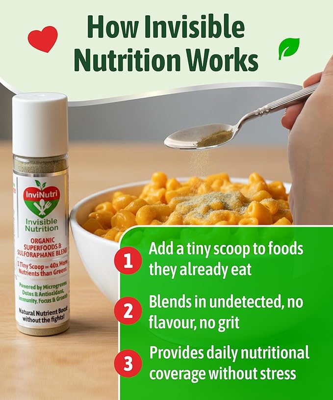 InviNutri Superfood Powder for Sensory &amp Picky Eaters – Unflavored - 40x Nutrient-Rich 30mg Sulforaphane for Detox. Organic Microgreens Fruits &amp Veggies - Blends Invisibly into Most Meals -